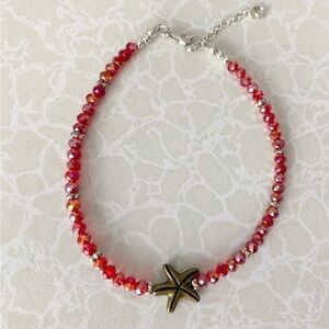 Red Crystal Beaded Ankle Bracelet with Starfish Accent